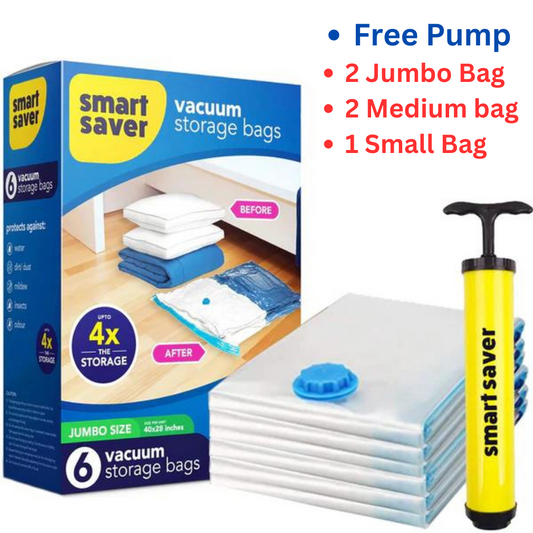 Smart Saver Reusable Vacuum Storage Bags (Free Hand Pump Included)