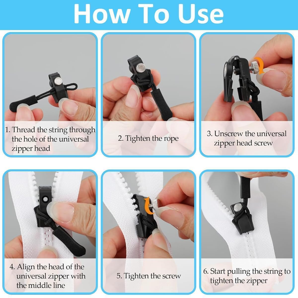 Universal Zipper Slider Repair Kit – Detachable Puller for Bags (Pack of 6)